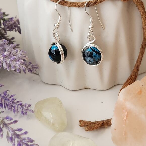 Blue Round Agate Stone Earrings, Silver-Plated Wire Wrapped Dangle Earrings - Picture 9 of 10
